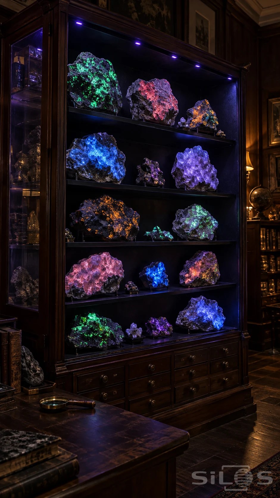 Fluorescent mineral cabinet with rough glowing green, pink, blue and orange stones above wooden drawers in a dark study.