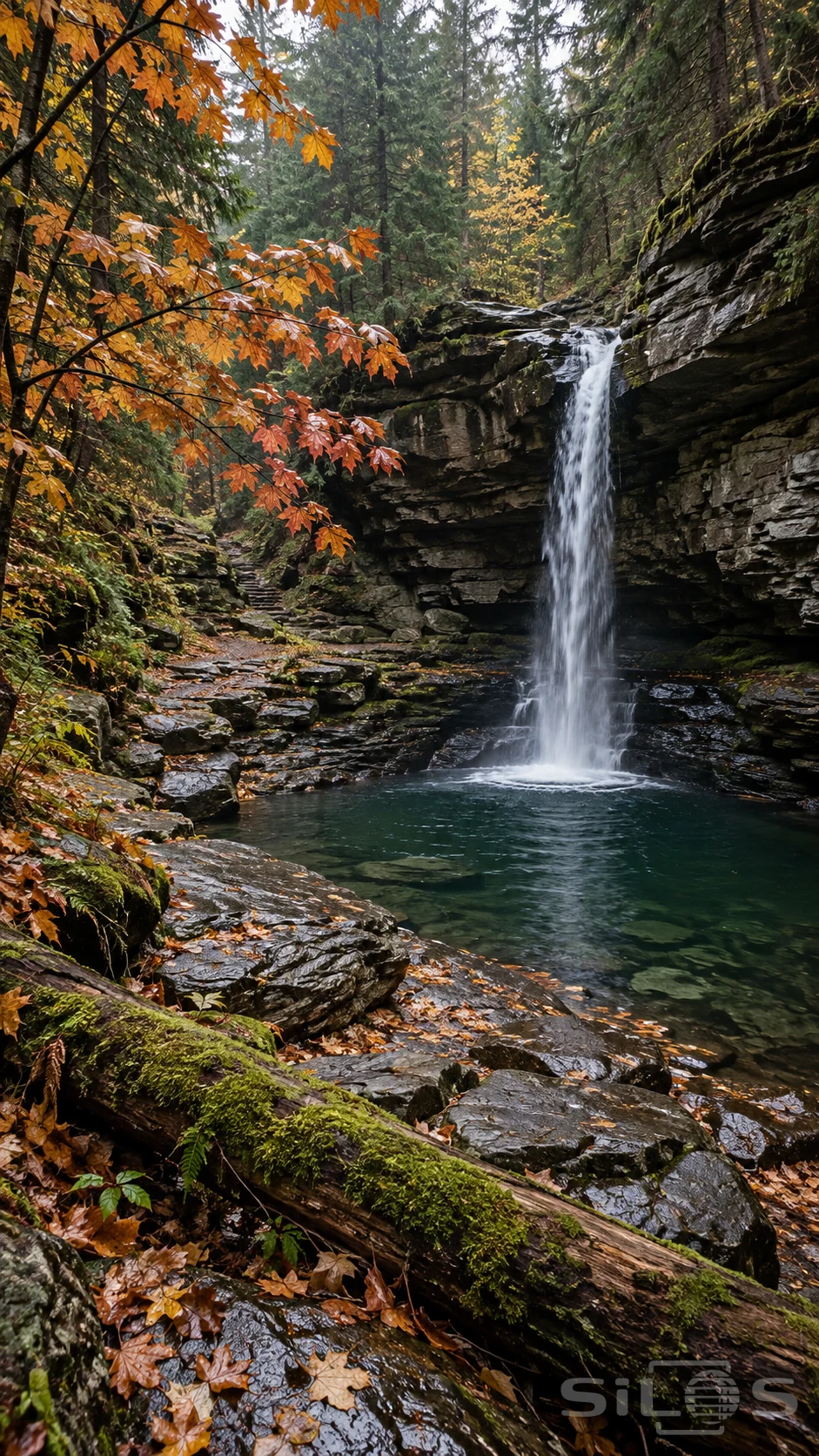 An autumn waterfall falls from a slate ravine into a green plunge pool framed by orange leaves and a mossy fallen log.