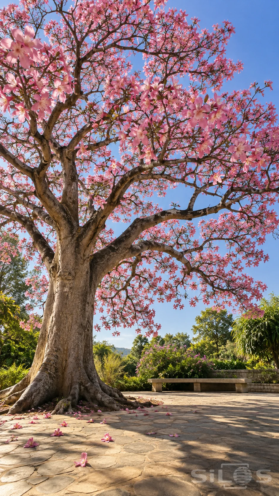 Pink ceiba flowers with pale throats cover sweeping branches above a rooted trunk, stone paving and an empty garden bench.