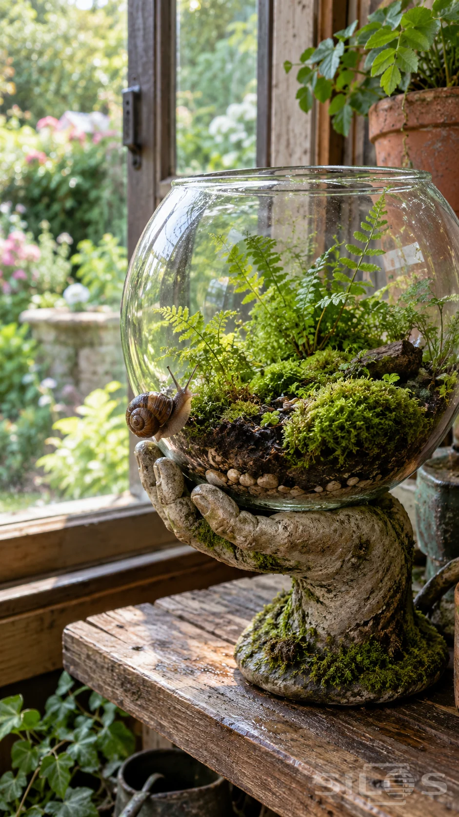 A brown snail climbs the glass bowl of a moss terrarium supported by a weathered hand-shaped planter beside an open garden window.