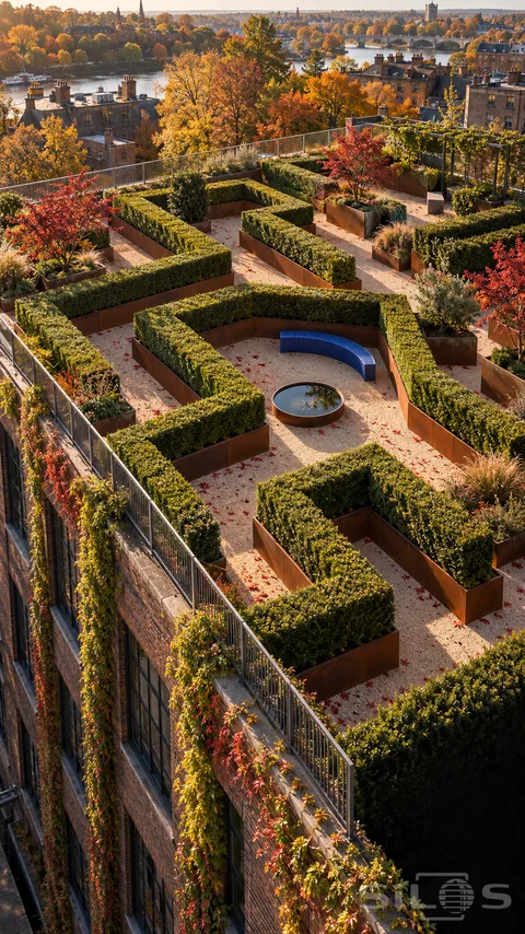 A rooftop maze of clipped green hedges in rust-colored planters surrounds pale paths and a blue bench.