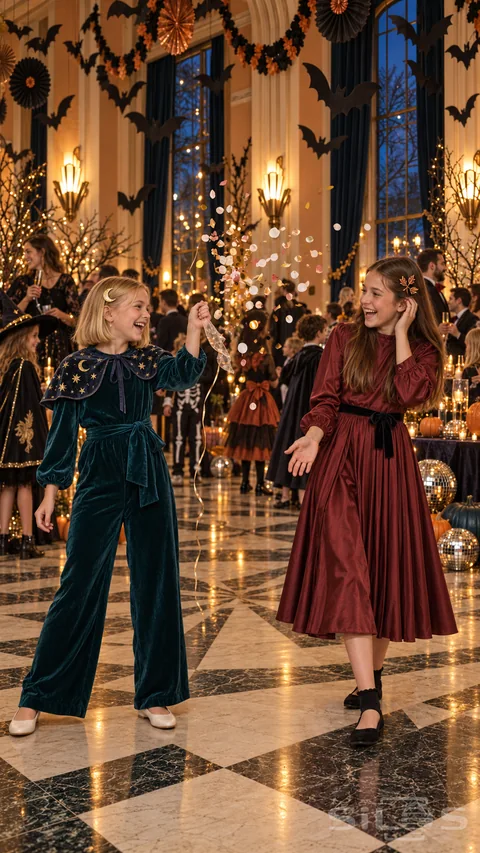 Two girls laugh after a balloon pop scatters paper confetti through a Halloween ballroom filled with costumed guests and hanging bats.
