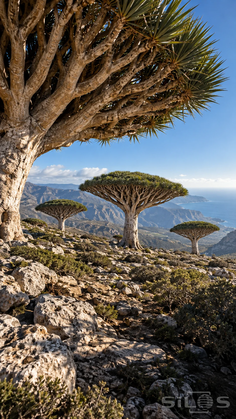 Dragon blood trees with pale trunks and broad flat crowns grow on a rocky plateau above a distant blue sea.