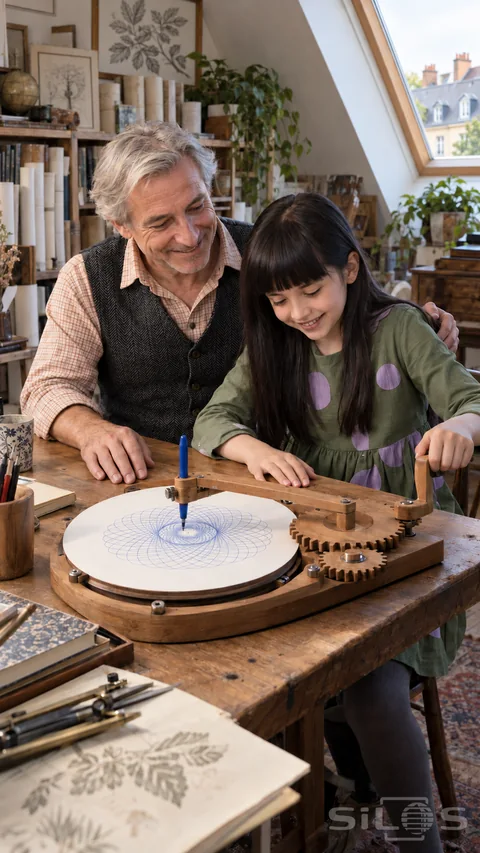 A wooden drawing machine with wooden gears and a blue rosette as a grandfather watches his granddaughter turn its crank.
