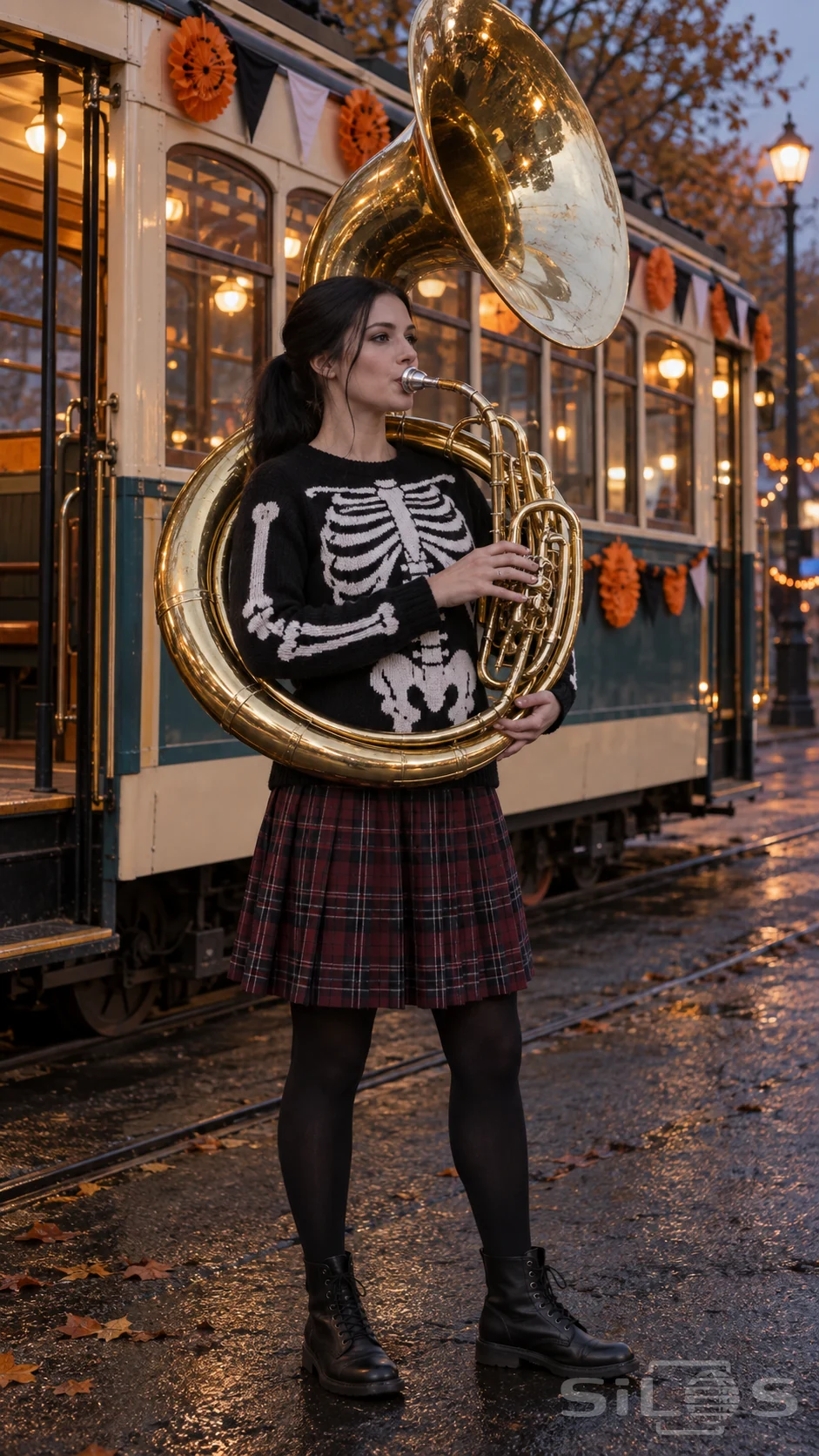 An adult woman in a black skeleton sweater and tartan skirt plays a brass sousaphone beside a cream tram at dusk.