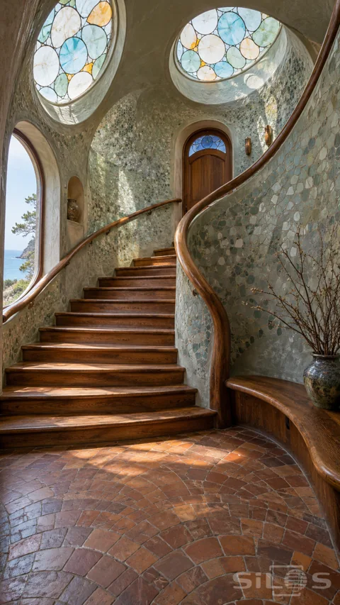 Organic wooden staircase with curved sea-green mosaic walls; oval stained-glass skylights; terracotta floor and a coastal window.