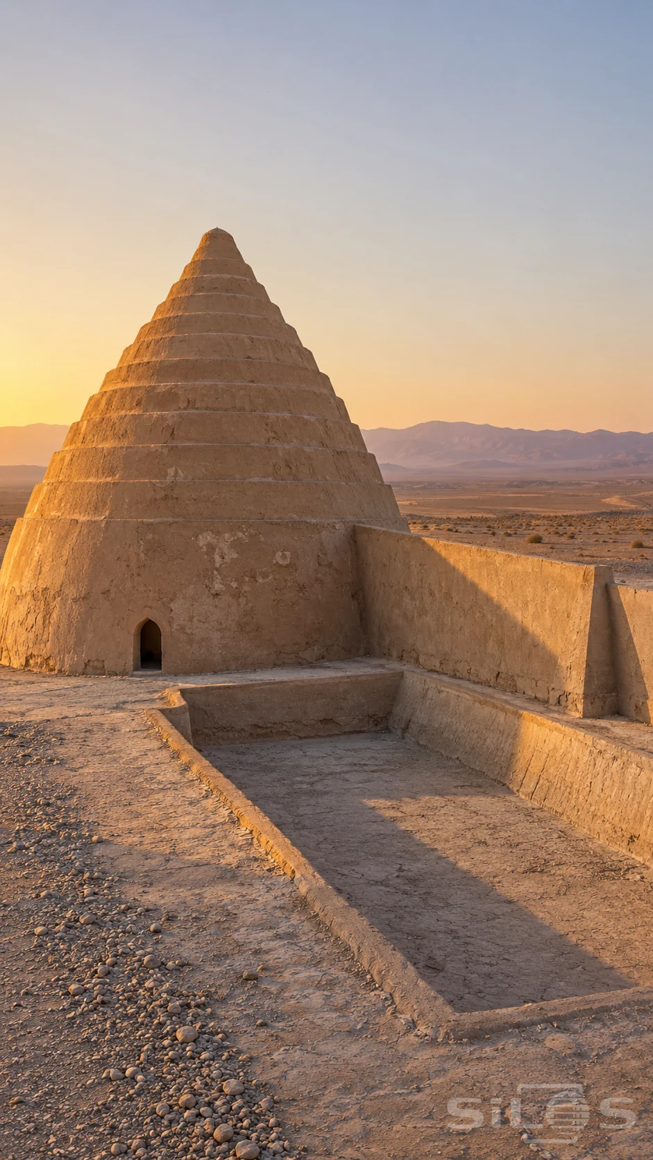 A yakhchal dome with stepped earthen bands stands beside a dry rectangular basin and long wall in warm desert light.