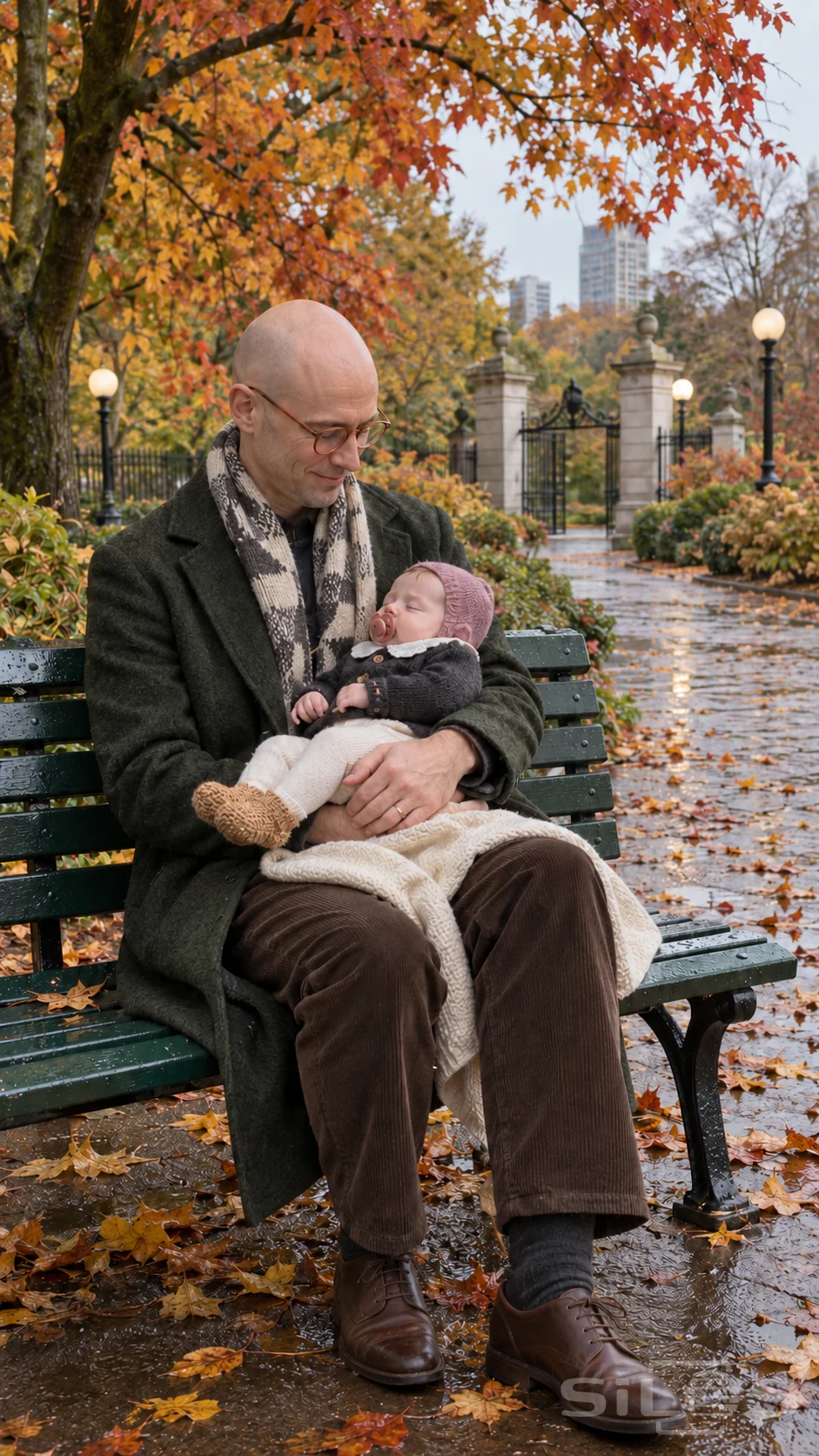 An autumn bench holds a father gently cradling his sleeping daughter in warm knit clothes beneath orange garden leaves.