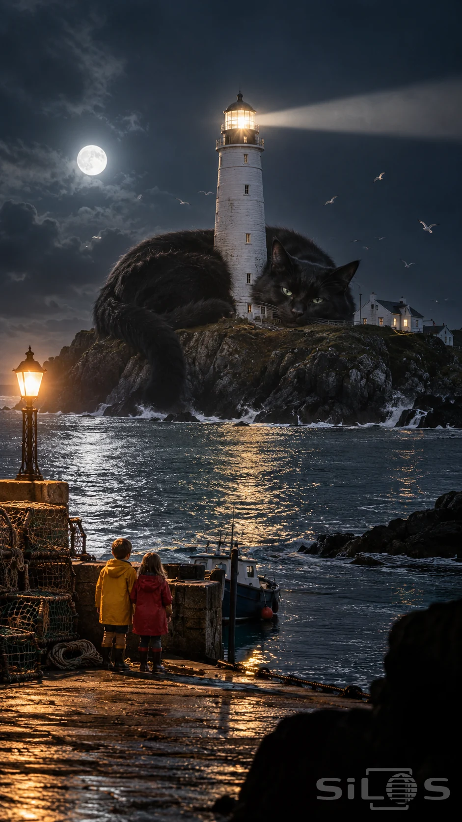 Gigantic black cat curled around a white lighthouse above the sea, watched by two children in raincoats on a harbour quay
