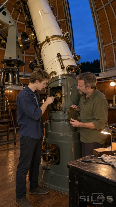 A father and adult son work on brass observatory gears beneath a large telescope inside a copper-domed observatory.