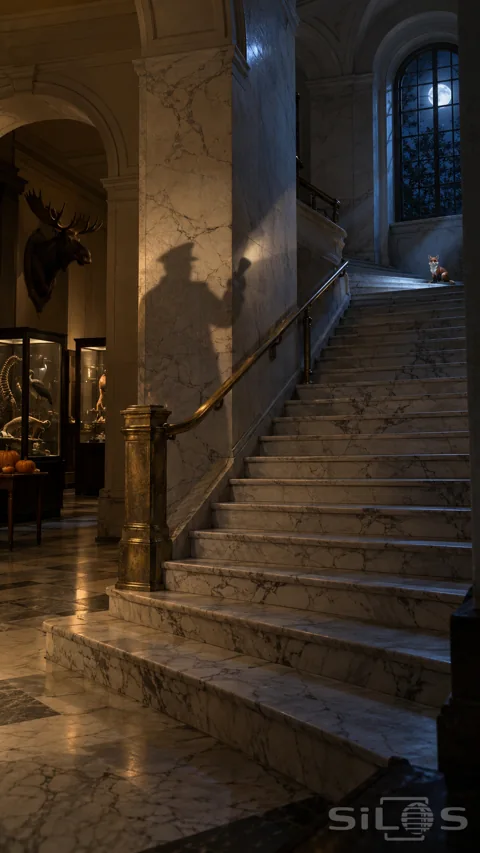 A small porcelain fox sits on a moonlit marble stair above a guard shadow; with museum specimen cases and pumpkins in a side gallery.