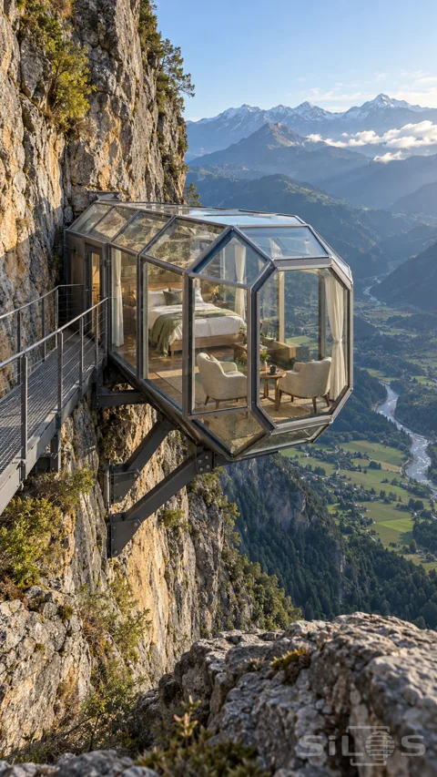 A furnished glass sleeping cabin stands on steel brackets bolted to a sheer cliff; beside a guarded walkway above a deep green valley.