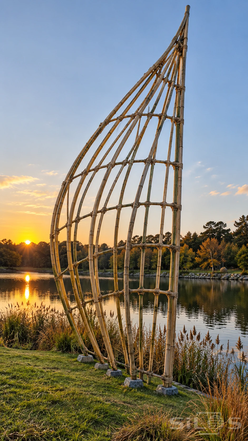 An open sail-shaped bamboo sculpture stands on stone footings beside a lake and autumn reeds at sunset.