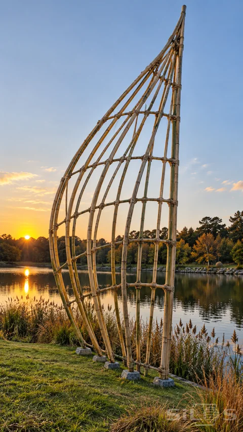 An open sail-shaped bamboo sculpture stands on stone footings beside a lake and autumn reeds at sunset.