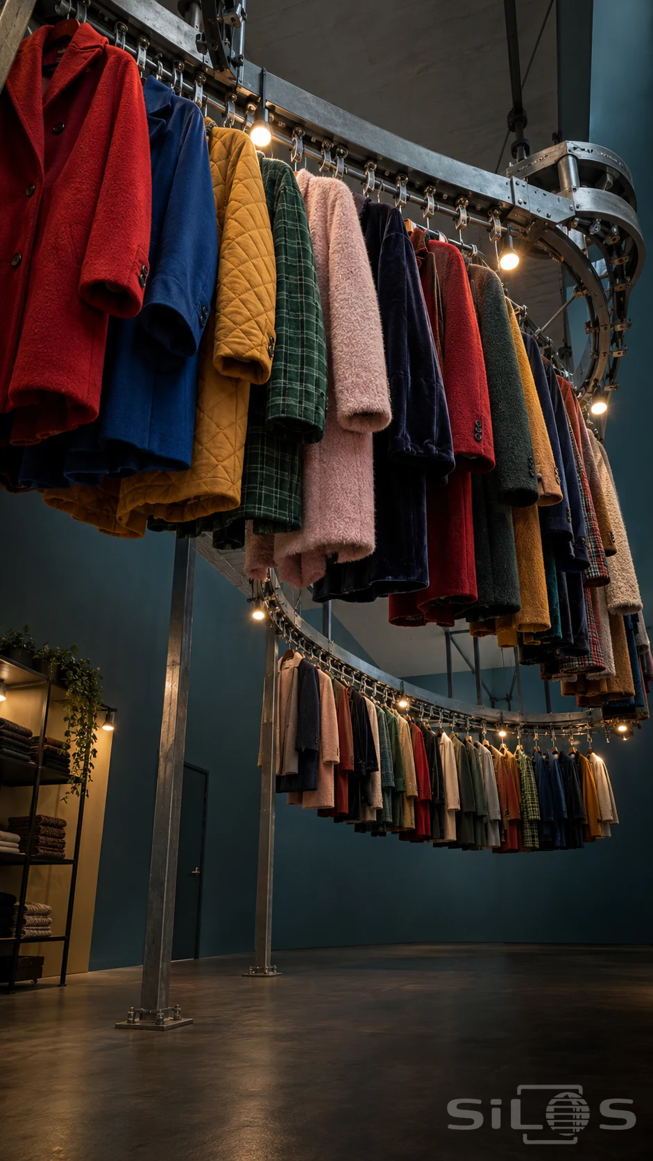 A garment conveyor curves overhead with colorful coats above an empty storage aisle.