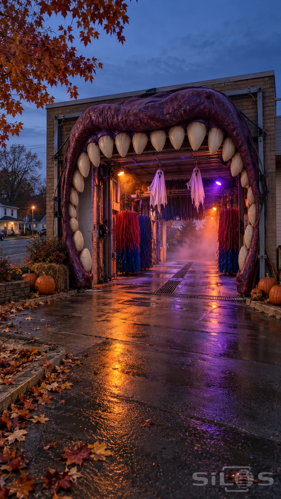 Haunted carwash entrance with a foam monster mouth and fabric ghosts above wet purple reflections.