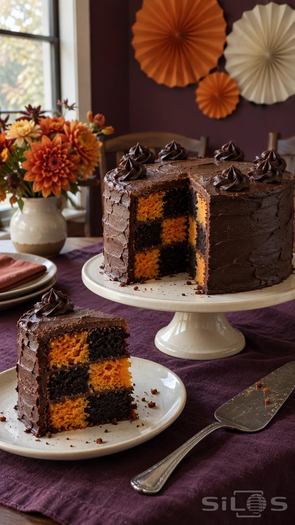 A Halloween checkerboard cake and cut slice reveal orange sponge and dark cocoa squares beneath chocolate frosting on cream plates.