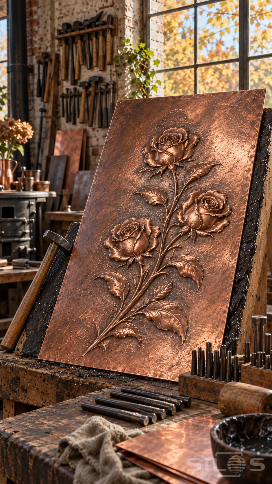 Three embossed copper roses on a large angled panel above a worn workbench with chasing hammer and punches, without people.