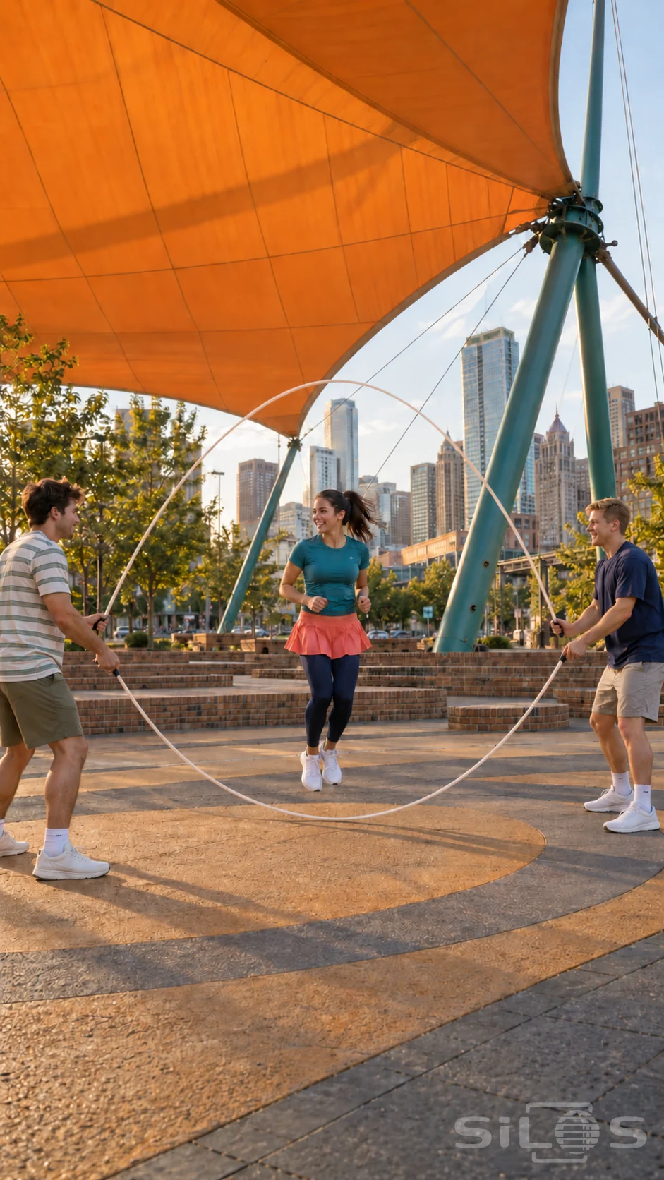 Three adult friends play Double Dutch beneath an orange city canopy, with two rope arcs around the jumping woman.