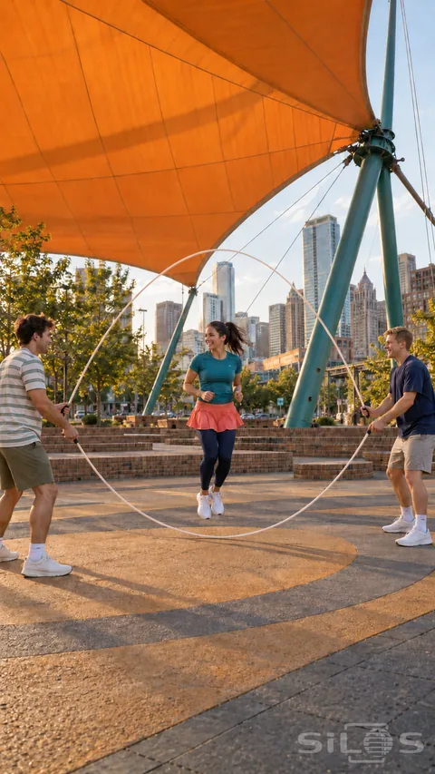 Three adult friends play Double Dutch beneath an orange city canopy; with two rope arcs around the jumping woman.