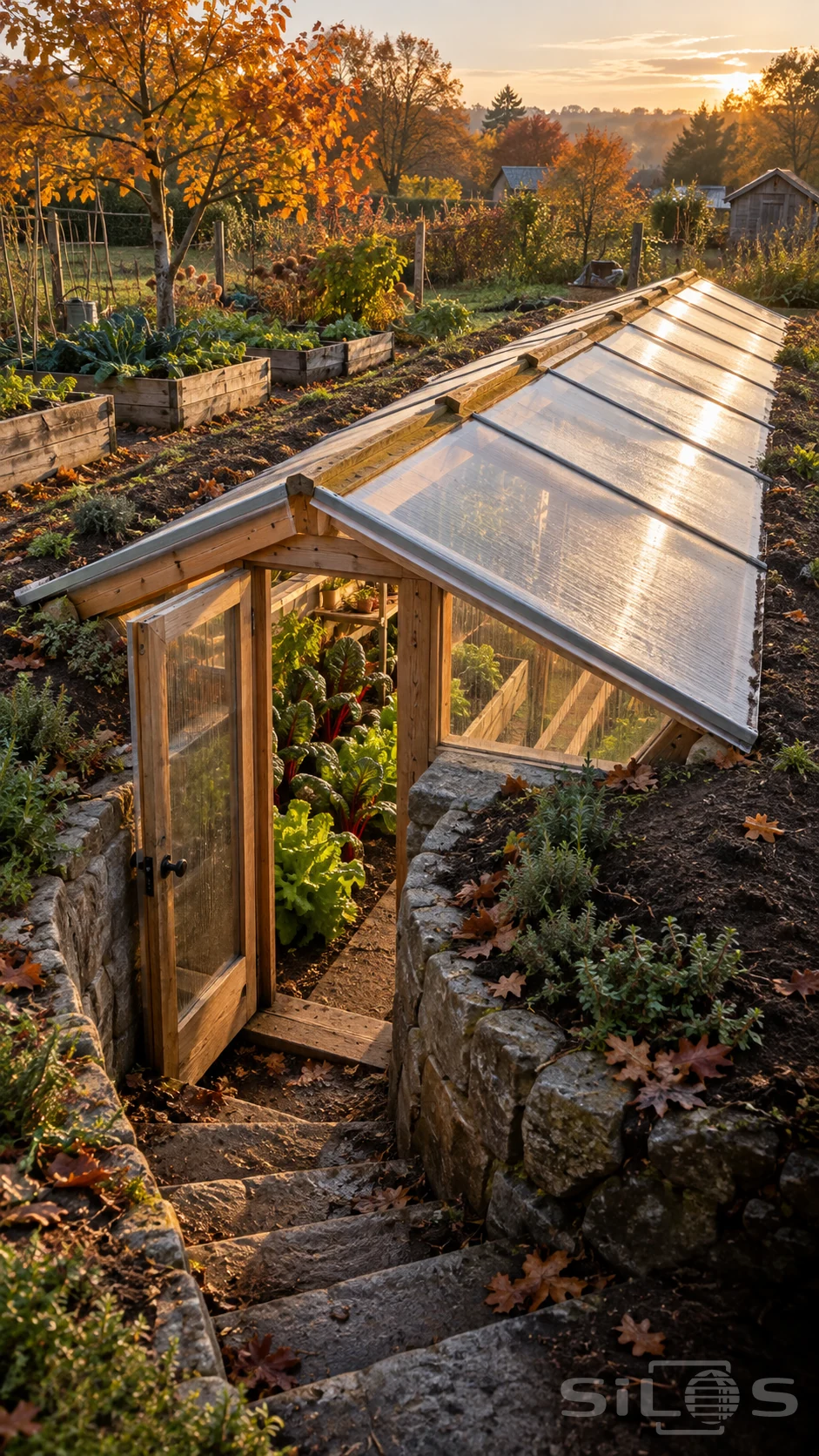 A sunken greenhouse has low clear roof panels, an open timber door and stone steps descending toward leafy vegetables.