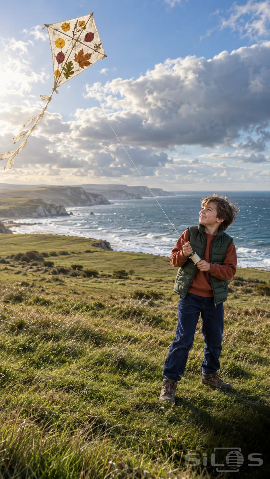 A boy holds the string of a leaf kite on a grassy coastal headland, with white cliffs and a blue sea behind him.