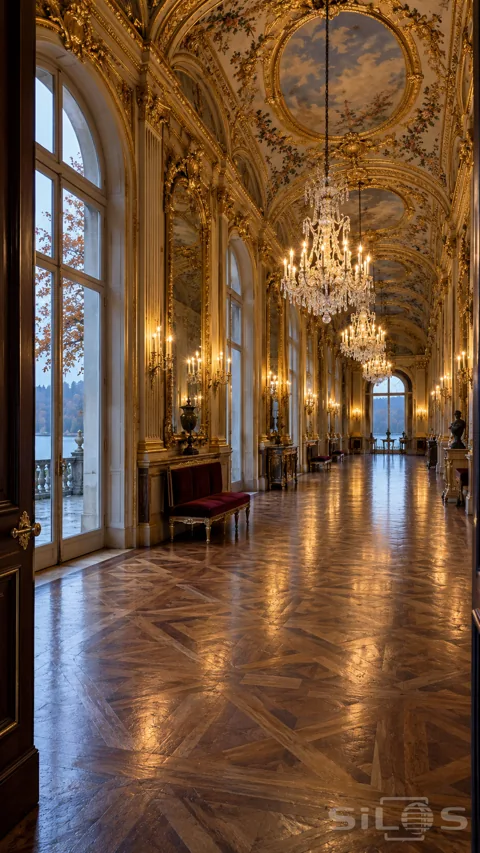 Long gilded gallery with crystal chandeliers; painted vaulted ceiling; burgundy benches and reflective parquet beside tall windows.
