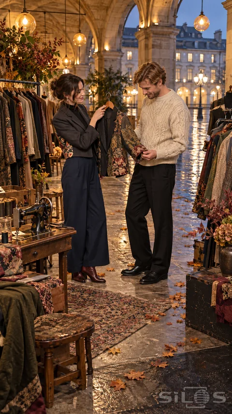 Two friends inspect a patterned sleeve at an upcycled jacket night market beneath a stone arcade.