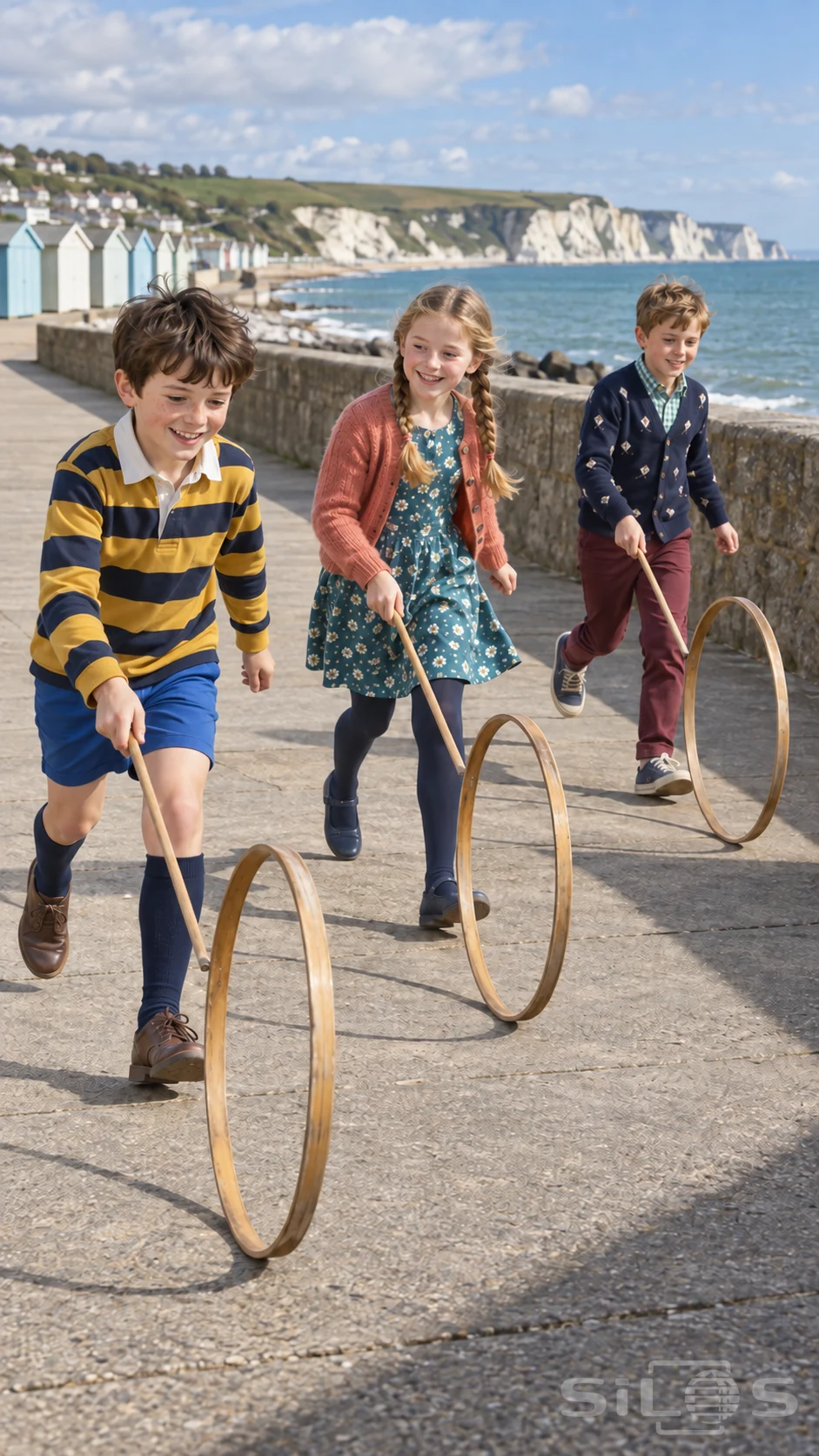 Three children run in a wooden hoop race beside the sea, using guiding sticks with beach huts and chalk cliffs in the distance.