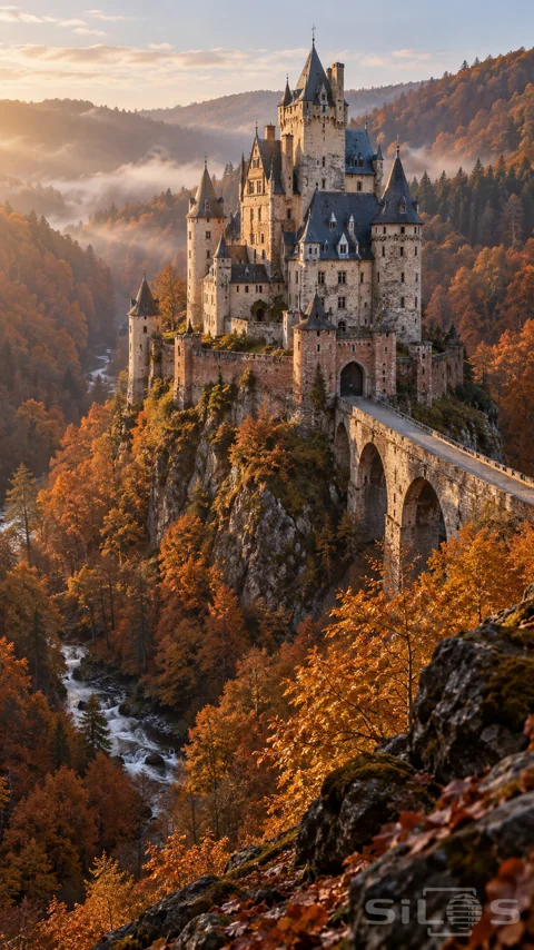 A tall turreted castle and arched stone bridge stand above a rocky valley filled with copper autumn woods and morning mist.