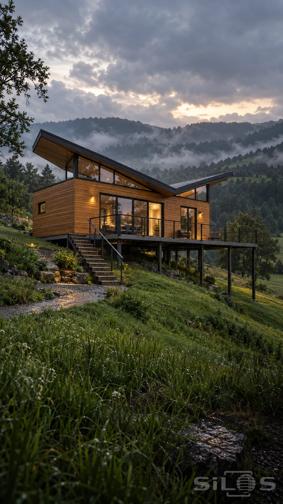 A timber house with an asymmetric butterfly roof, clerestory windows and a raised deck stands on a wet grassy slope below misty hills.
