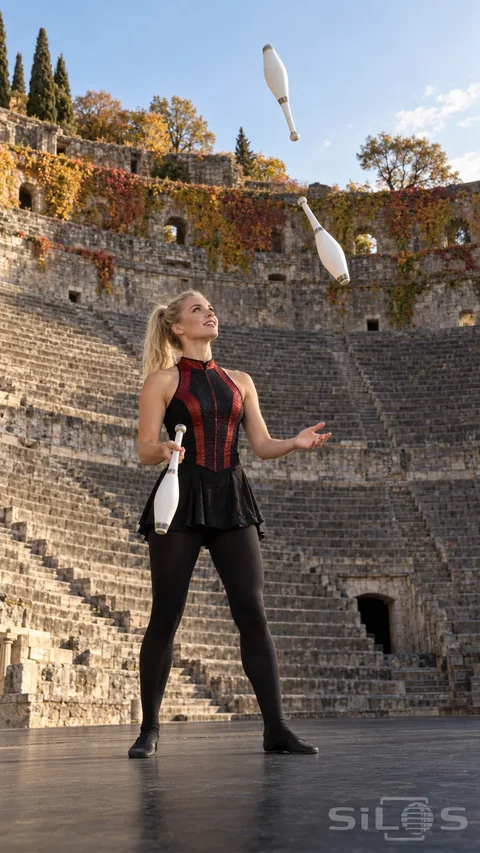 A woman in a red-and-black circus costume juggles white clubs on the stage of a stone amphitheatre.