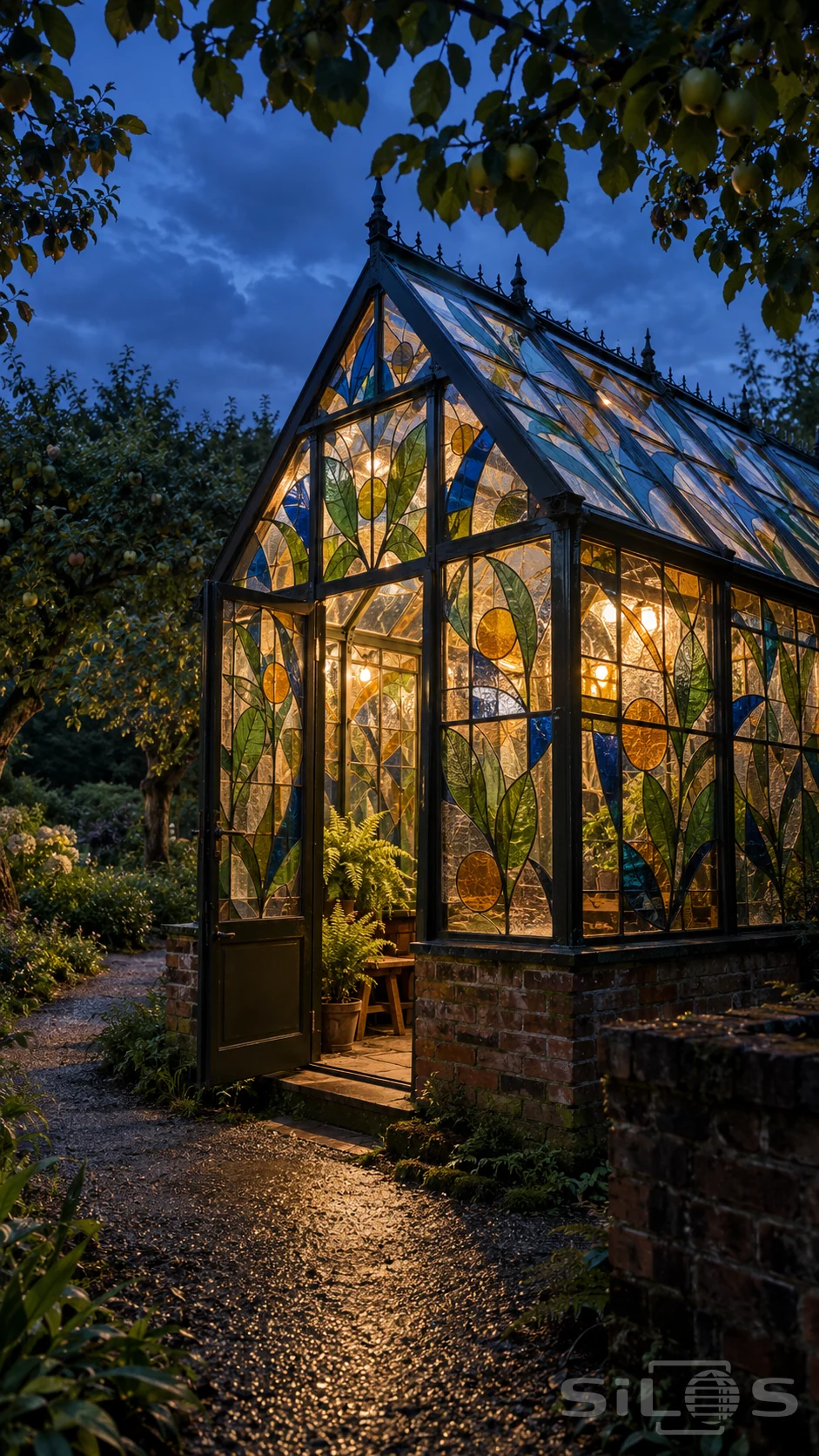 Stained glass pavilion with leaf-shaped glass, an open door and warm interior light among orchard trees at blue hour.