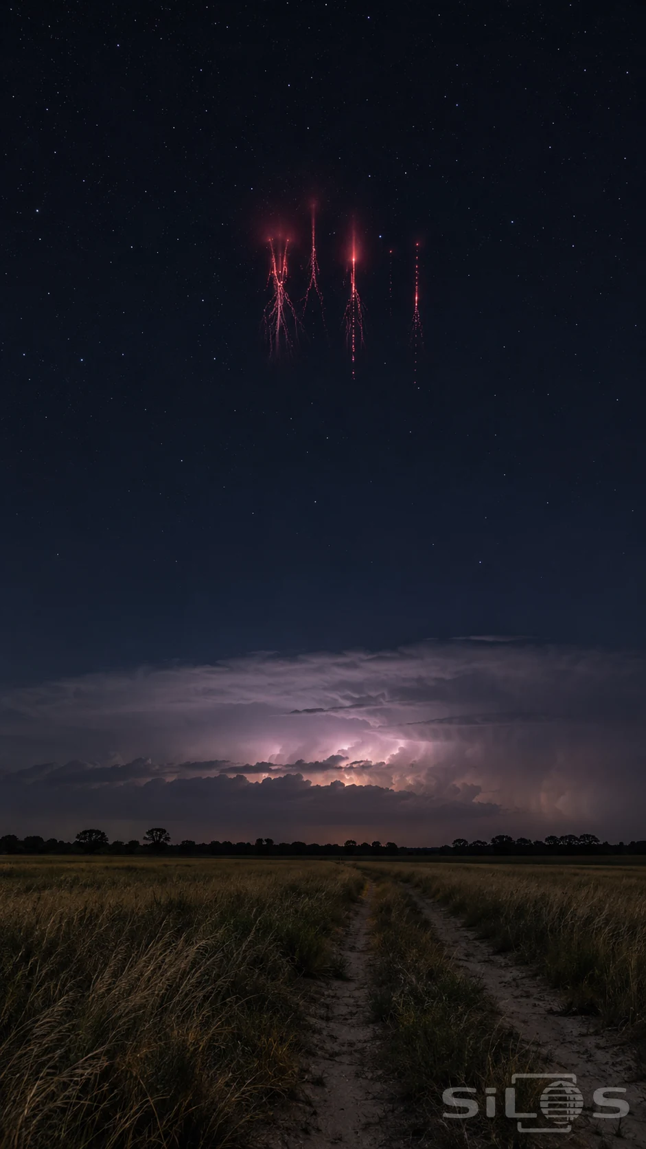 Red sprites form fine branching threads high above a distant glowing thunderstorm and a dark meadow with two pale wheel ruts.