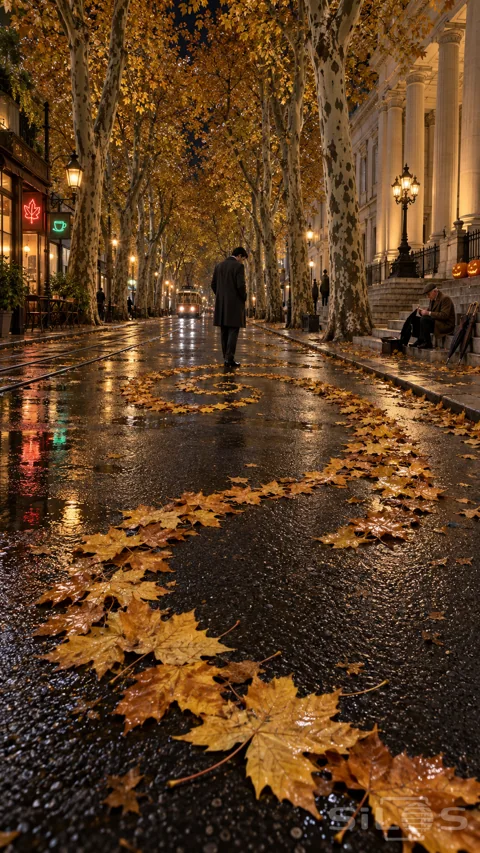 A spiral of golden fallen leaves on wet asphalt surrounds a small man beneath tall plane trees beside a museum colonnade.