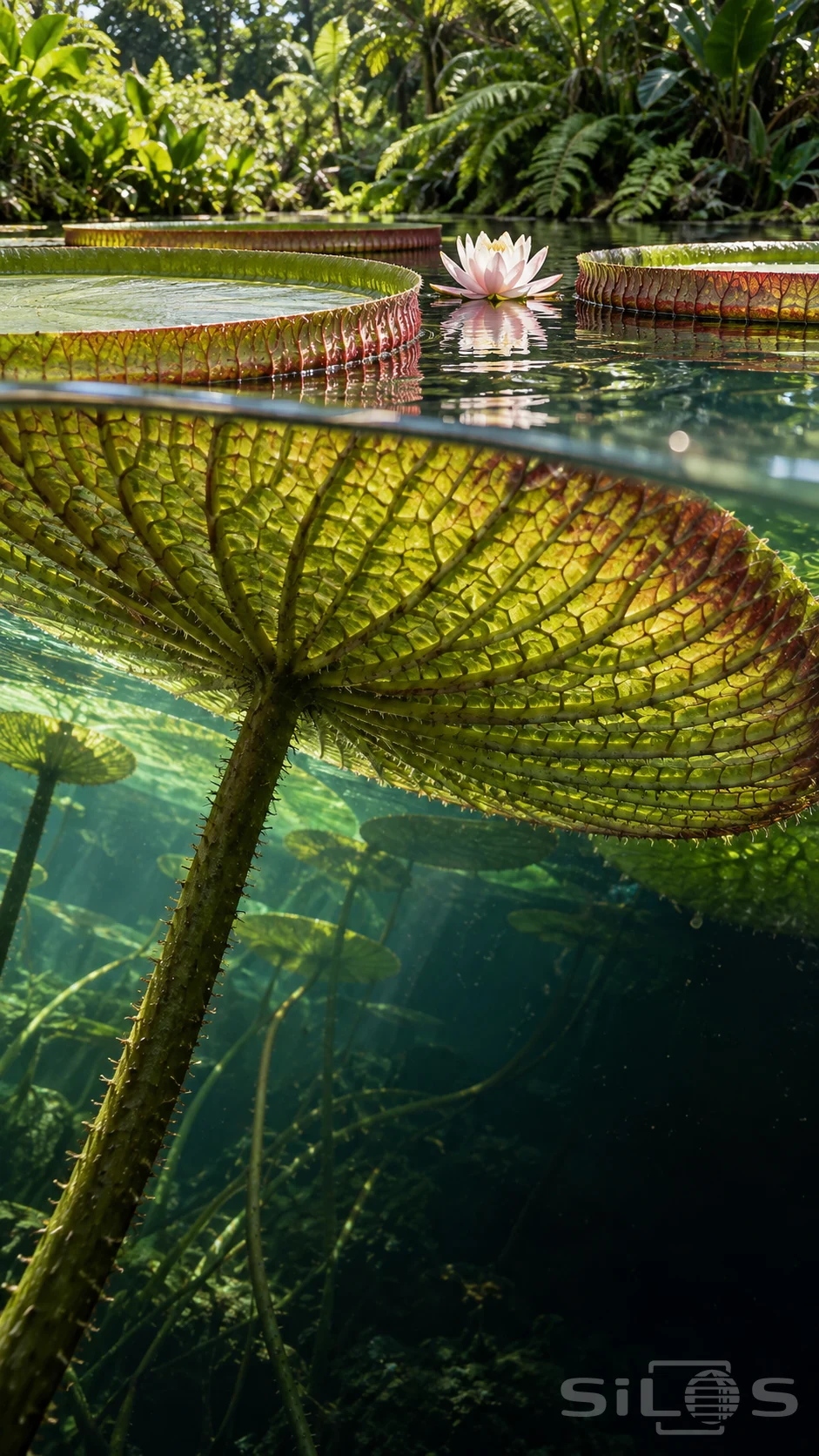 Giant water lilies float above a clear pond, with raised rims above water and ribbed leaf undersides visible below.