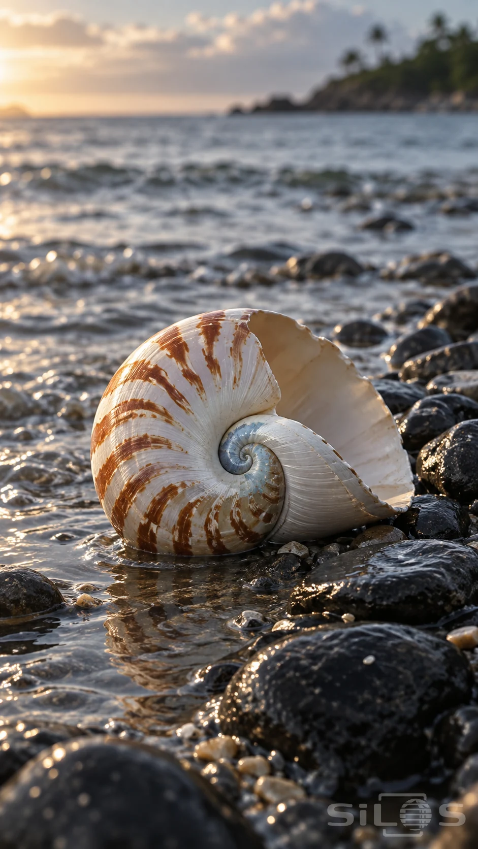 A cream nautilus shell with rusty brown bands rests among wet black shore stones, with its open rim facing the water.