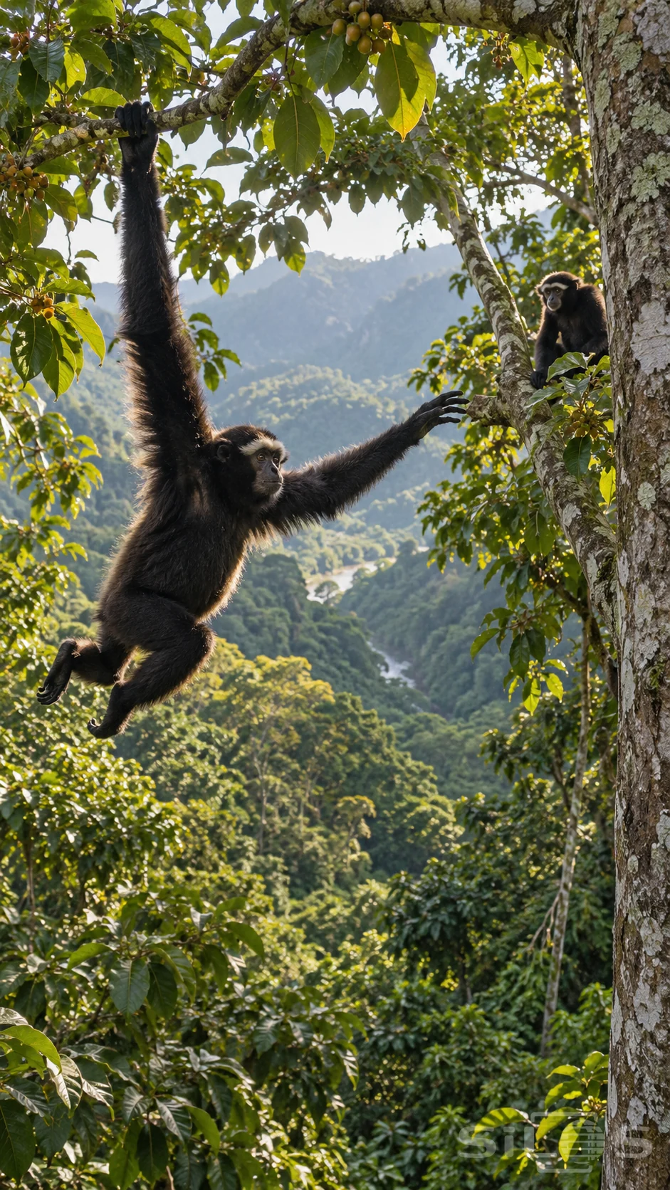 A dark hoolock gibbon swings from one branch toward another while a second gibbon waits on the far tree fork.