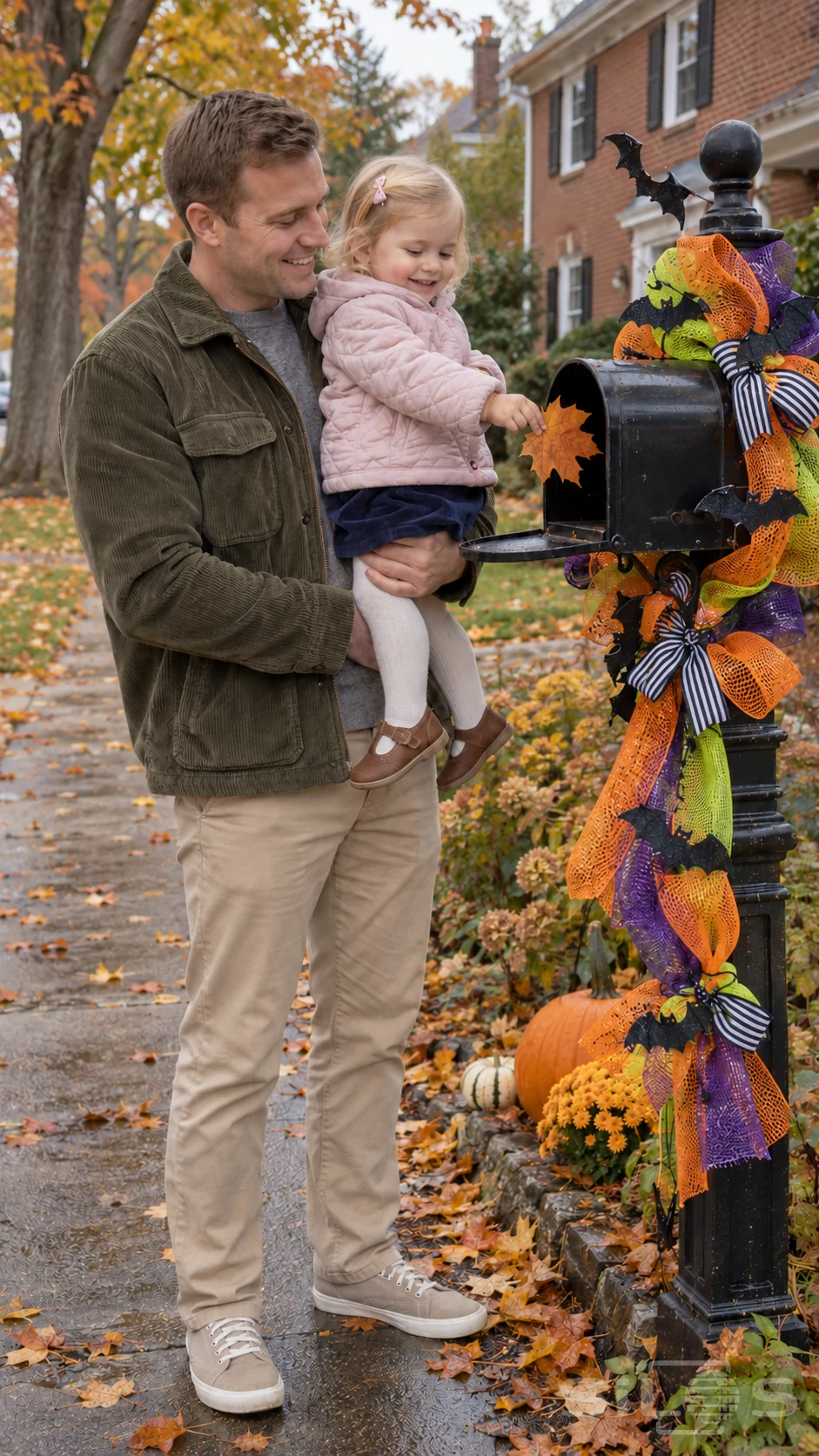 A father holds his toddler as she reaches a paper leaf toward an open Halloween mailbox wrapped in colorful mesh ribbons.
