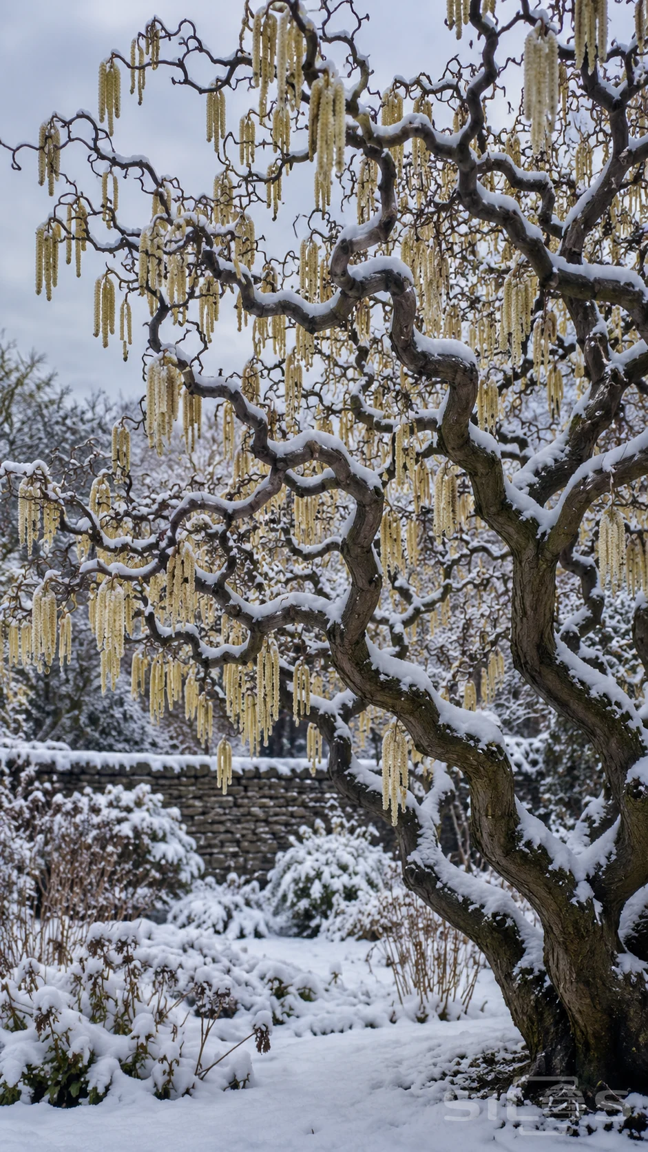 Snow rests on twisted hazel branches with hanging yellow catkins above a white garden and low stone wall.