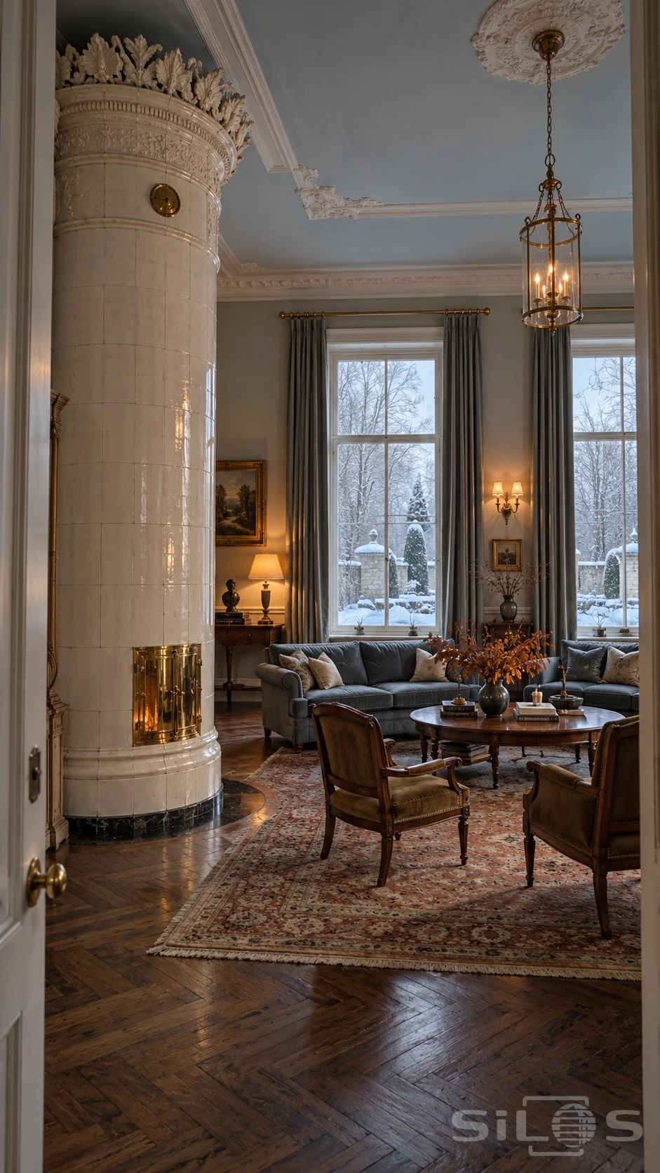 Tall ivory cylindrical stove with a leaf crown beside blue sofas and windows onto a snow-covered garden