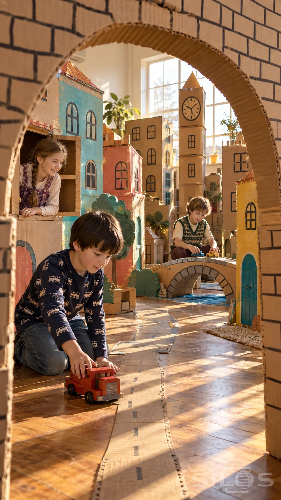 Three children play with small vehicles in a cardboard play city seen through a large hand-drawn brick arch.
