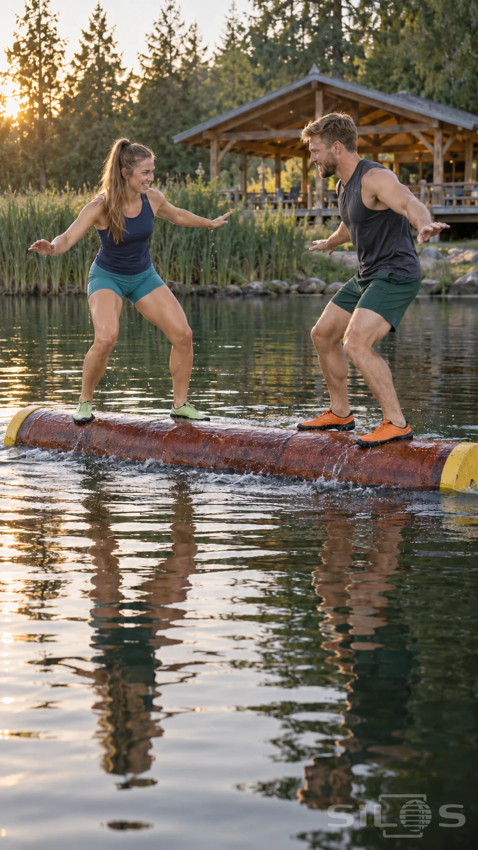 Two adults in sportswear balance facing each other on a floating log with yellow end caps in a pond.