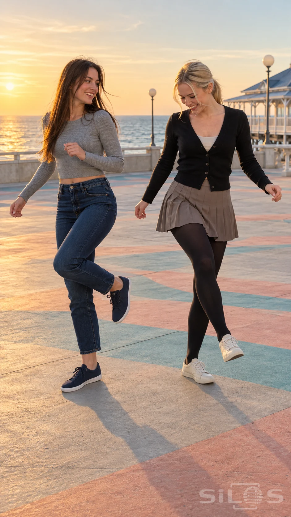 Two adult friends practice shuffle dance steps on a seaside plaza in jeans and a pleated skirt with tights at sunset.