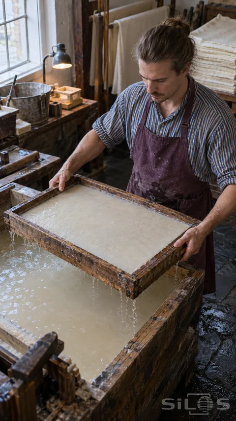 A maker in a striped shirt and plum apron lifts a wooden mould and deckle containing a wet sheet above a handmade paper vat.