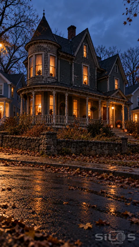 A weathered grey house with a round turret; amber windows; wraparound porch and pumpkins behind a low stone wall.