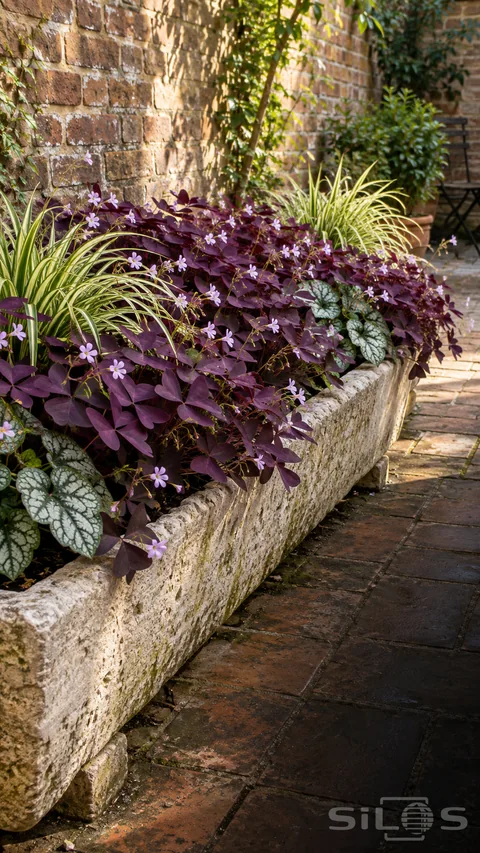 Purple oxalis with triangular leaves and pale flowers fills a long stone trough with striped grasses and silver-veined foliage.