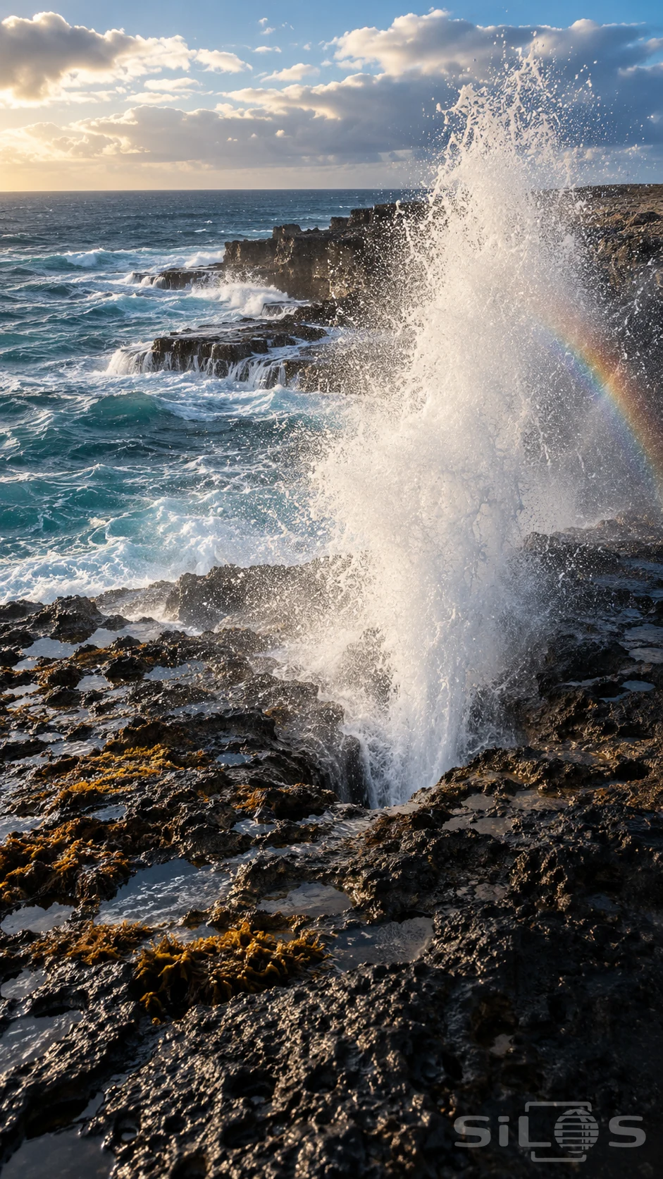 A coastal blowhole sends white water above dark pitted rock beside teal surf, with a faint rainbow in the spray.