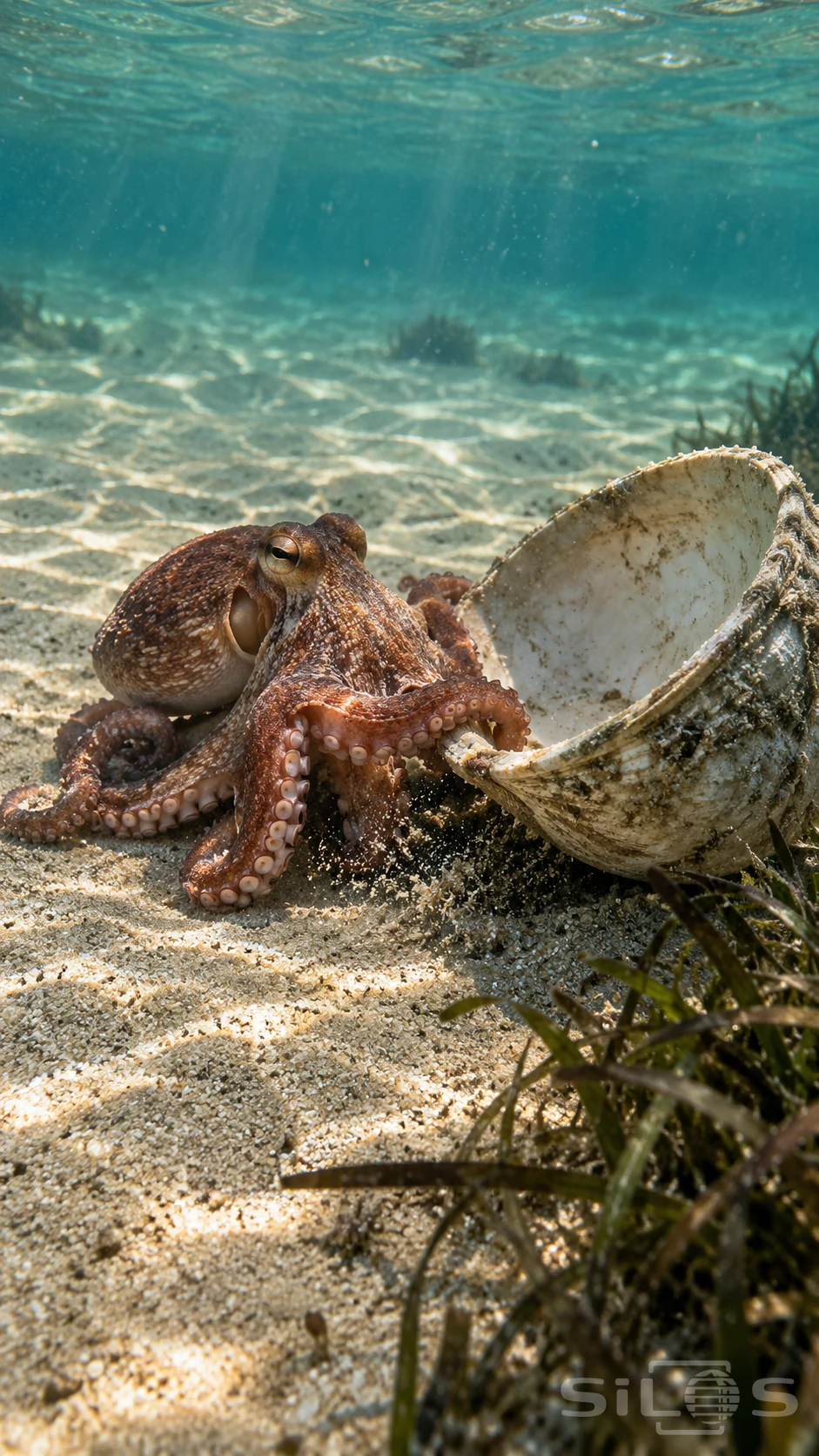 A red-brown octopus grips an empty shell on pale sand, with visible suckers, seagrass and wavering sunlight under turquoise water.