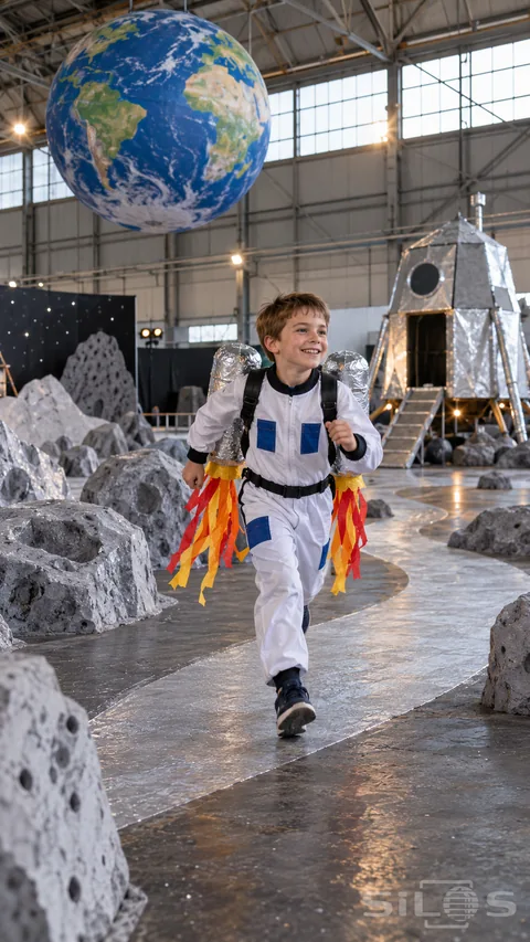 A boy in a white rocket costume runs through a moon hangar set beneath a giant painted Earth decoration.
